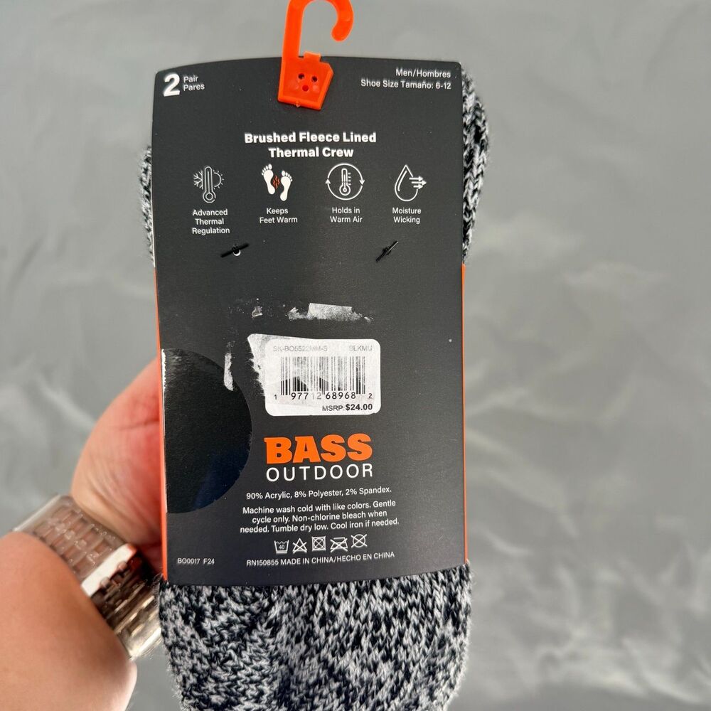 BASS Men's Socks Outdoor Brushed Fleece Lined Thermal Crew 2 Pairs - New - Picture 6 of 6